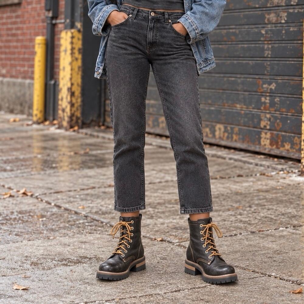 Skechers Black Combat Boots Tan Lace Up Lug Sole Grunge Y2K Womens 8.5